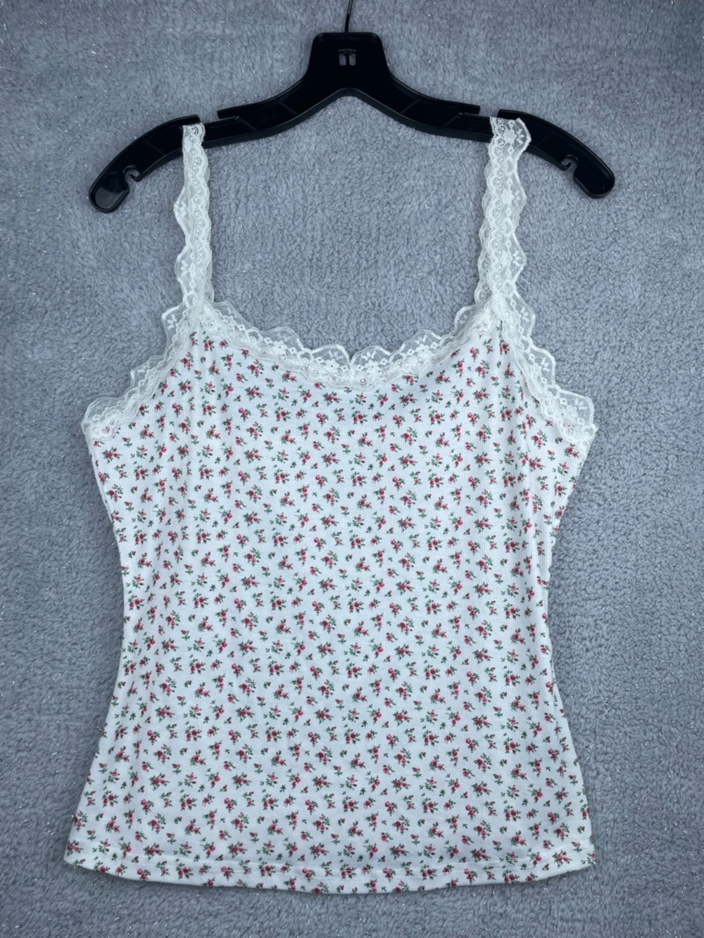 SHEIN White Floral Lace-Trim Camisole with Pink Roses